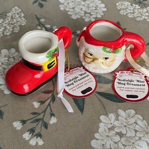Mr. Christmas Nostalgic Mini Mug Ornament Set - Red and White Santa and boot.